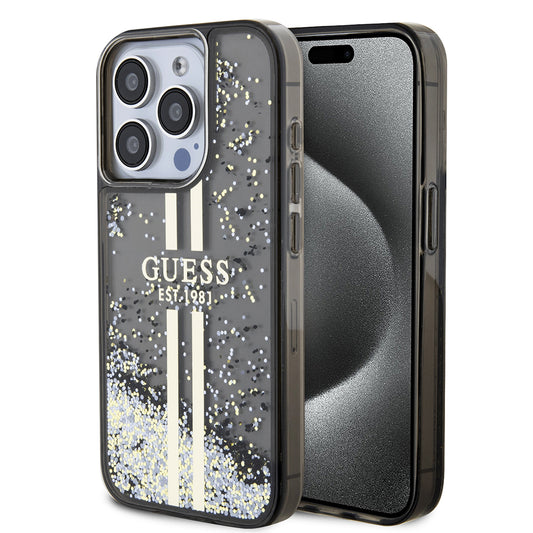 Étui pour Apple iPhone 15 Pro, Guess, Liquid Glitter Gold Stripe, Noir