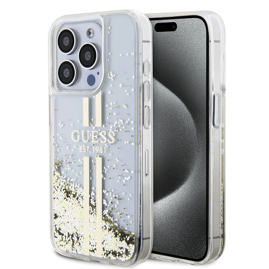 Étui pour Apple iPhone 15 Pro, Guess, Liquid Glitter Gold Stripes, Transparent