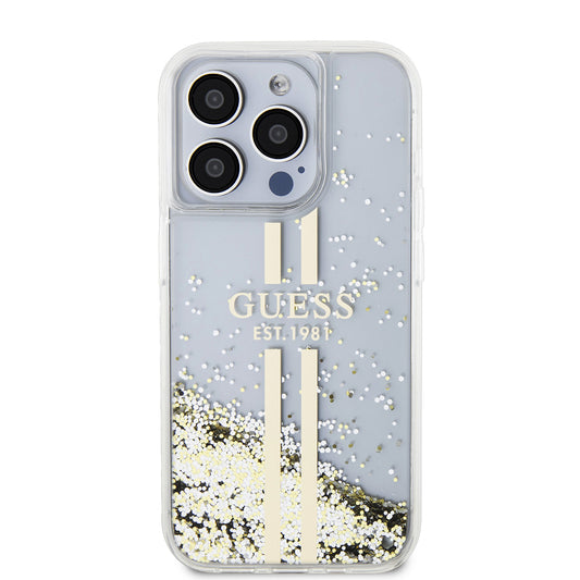 Étui pour Apple iPhone 15 Pro, Guess, Liquid Glitter Gold Stripes, Transparent