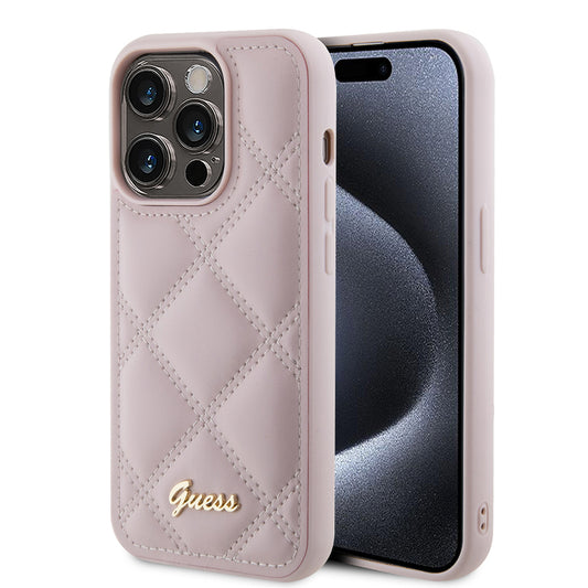 Étui pour Apple iPhone 15 Pro, Guess, Logo Métallique Matelassé, Rose