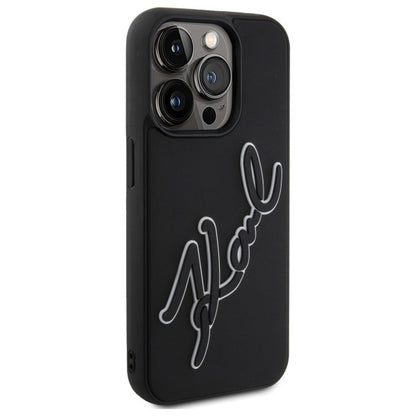 Étui pour Apple iPhone 15 Pro, Karl Lagerfeld, Signature en Caoutchouc 3D, Noir