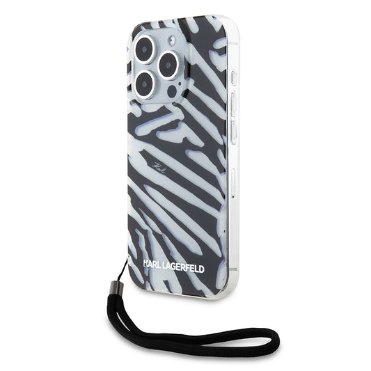 Hülle für Apple iPhone 15 Pro, Karl Lagerfeld, IML Luxury Zebra Muster mit Trageriemen, Schwarz