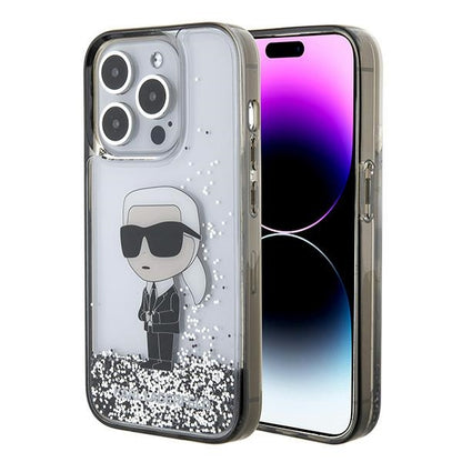 Housse pour Apple iPhone 15 Pro, Karl Lagerfeld, Liquid Glitter Ikonik Karl, Transparente