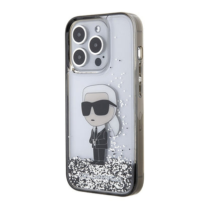 Housse pour Apple iPhone 15 Pro, Karl Lagerfeld, Liquid Glitter Ikonik Karl, Transparente