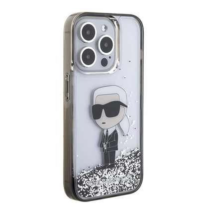 Housse pour Apple iPhone 15 Pro, Karl Lagerfeld, Liquid Glitter Ikonik Karl, Transparente