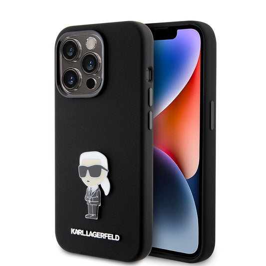 Hülle für Apple iPhone 15 Pro, Karl Lagerfeld, Silicone Metal Ikonik, Schwarz