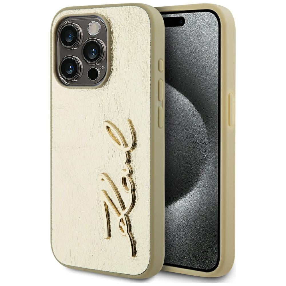 Hülle für Apple iPhone 15 Pro, Karl Lagerfeld, Metal Signature, Gold
