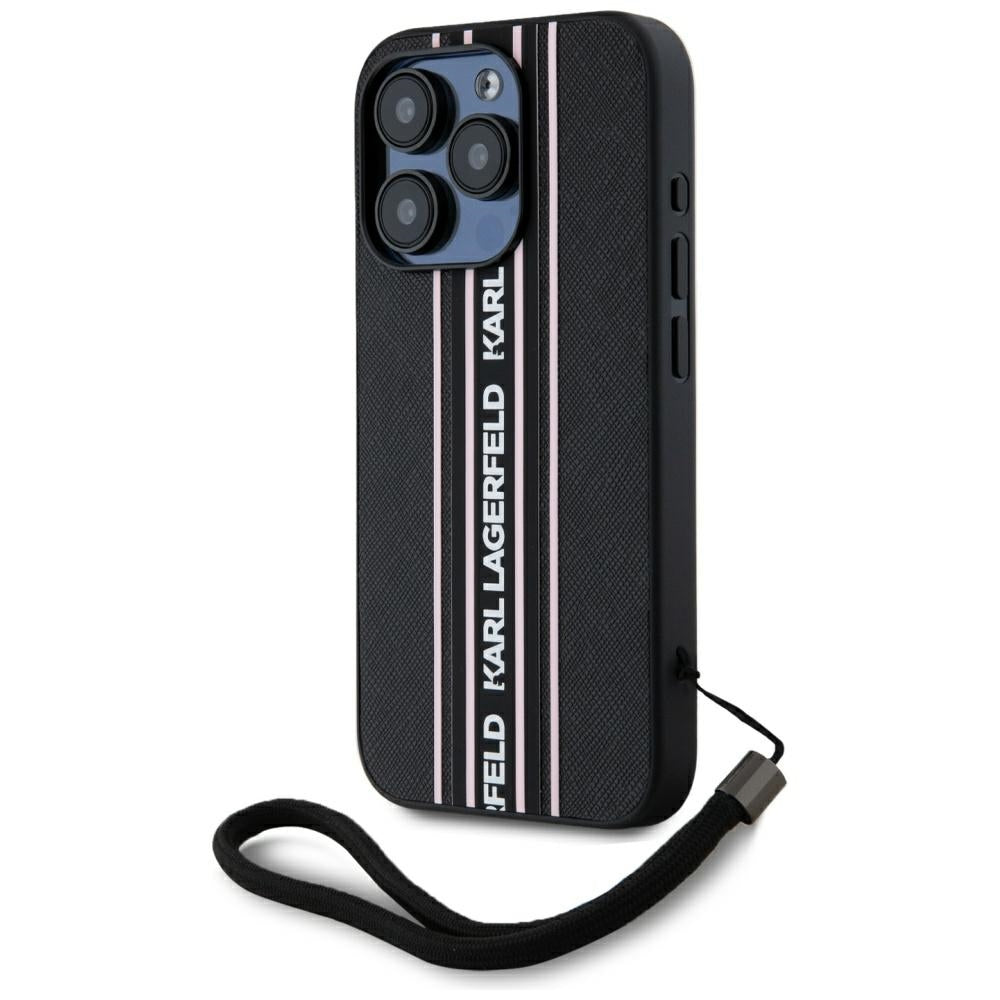 Hülle für Apple iPhone 15 Pro, Karl Lagerfeld, Saffiano Athleisure Stripes with Strap, Rosa