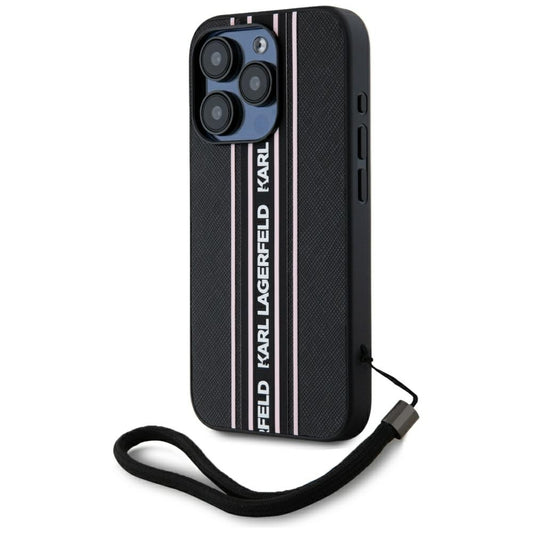 Hülle für Apple iPhone 15 Pro, Karl Lagerfeld, Saffiano Athleisure Stripes with Strap, Rosa
