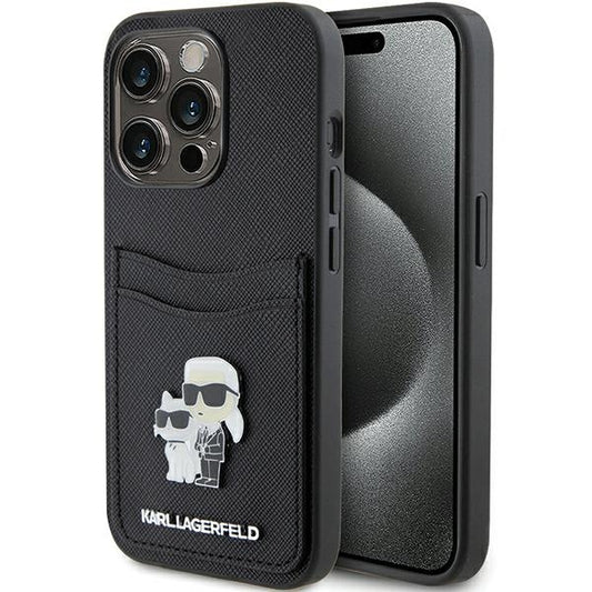 Hülle für Apple iPhone 15 Pro, Karl Lagerfeld, Saffiano Kartenfach Metall Karl & Choupette, Schwarz