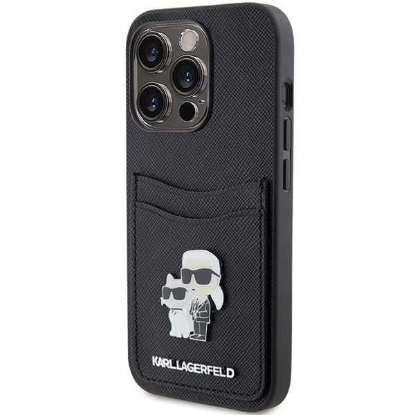 Étui pour Apple iPhone 15 Pro, Karl Lagerfeld, Saffiano Card Slot Metal Karl & Choupette, Noir