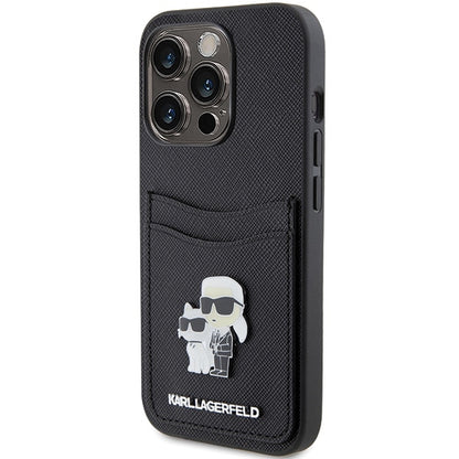 Étui pour Apple iPhone 15 Pro, Karl Lagerfeld, Saffiano Card Slot Metal Karl & Choupette, Noir
