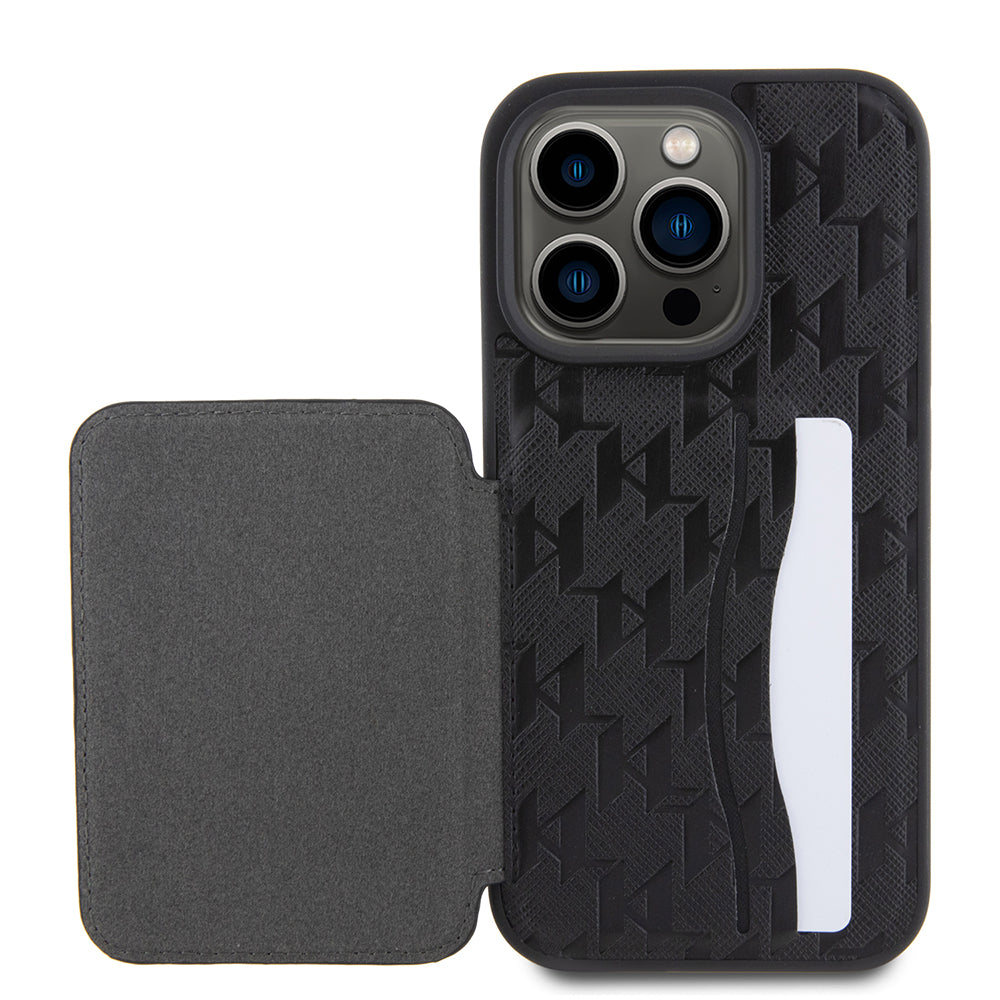 Hülle für Apple iPhone 15 Pro, Karl Lagerfeld, Saffiano Kartenfächer und Ständer Monogramm Choupette, Schwarz