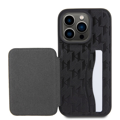 Hülle für Apple iPhone 15 Pro, Karl Lagerfeld, Saffiano Kartenfächer und Ständer Monogramm Choupette, Schwarz