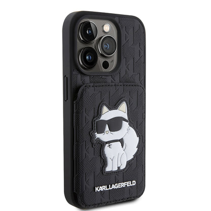 Hülle für Apple iPhone 15 Pro, Karl Lagerfeld, Saffiano Kartenfächer und Ständer Monogramm Choupette, Schwarz