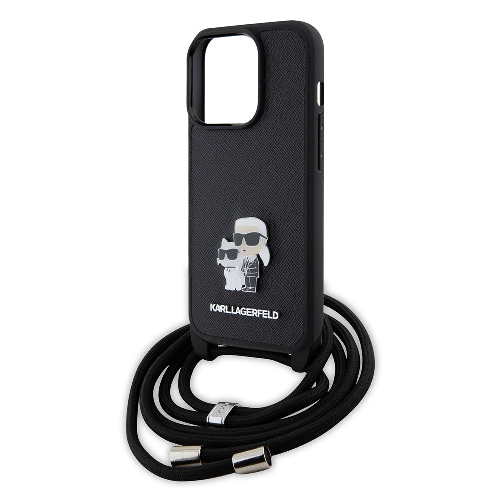 Étui pour Apple iPhone 15 Pro, Karl Lagerfeld, Saffiano Crossbody Metal Pin Karl & Choupette, Noir