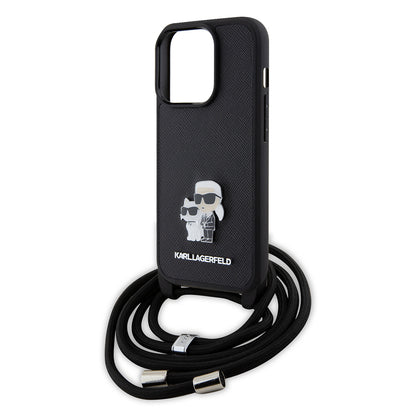Étui pour Apple iPhone 15 Pro, Karl Lagerfeld, Saffiano Crossbody Metal Pin Karl & Choupette, Noir