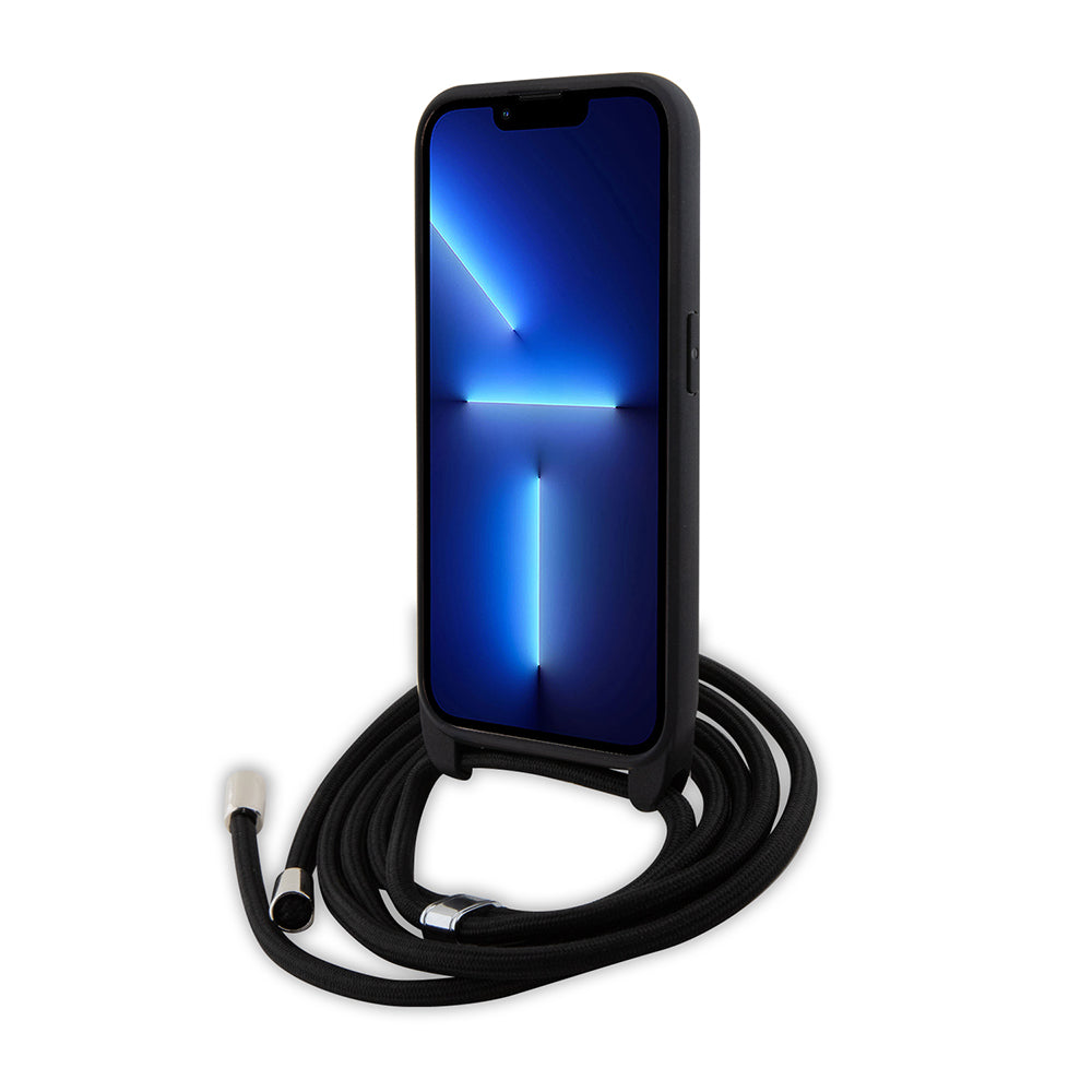 Étui pour Apple iPhone 15 Pro, Karl Lagerfeld, Saffiano Crossbody Metal Pin Karl & Choupette, Noir