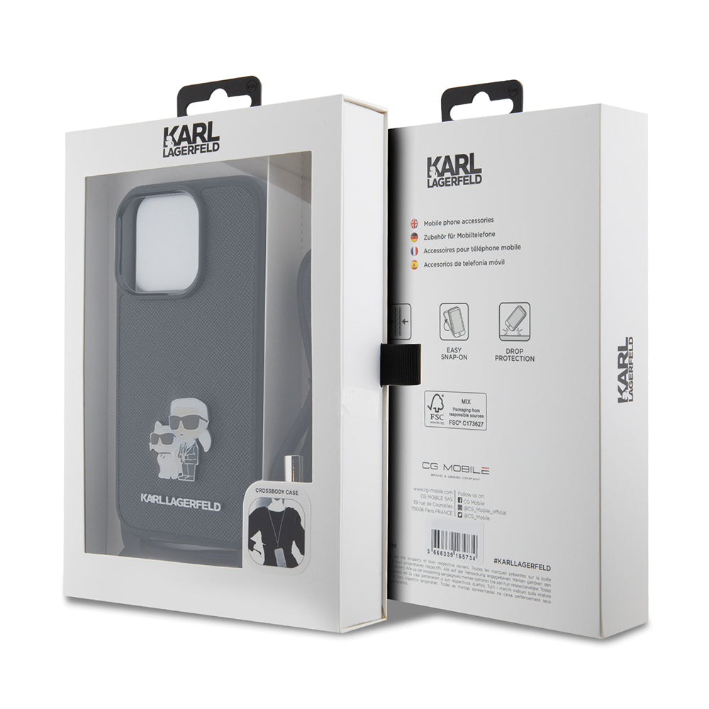 Étui pour Apple iPhone 15 Pro, Karl Lagerfeld, Saffiano Crossbody Metal Pin Karl & Choupette, Noir