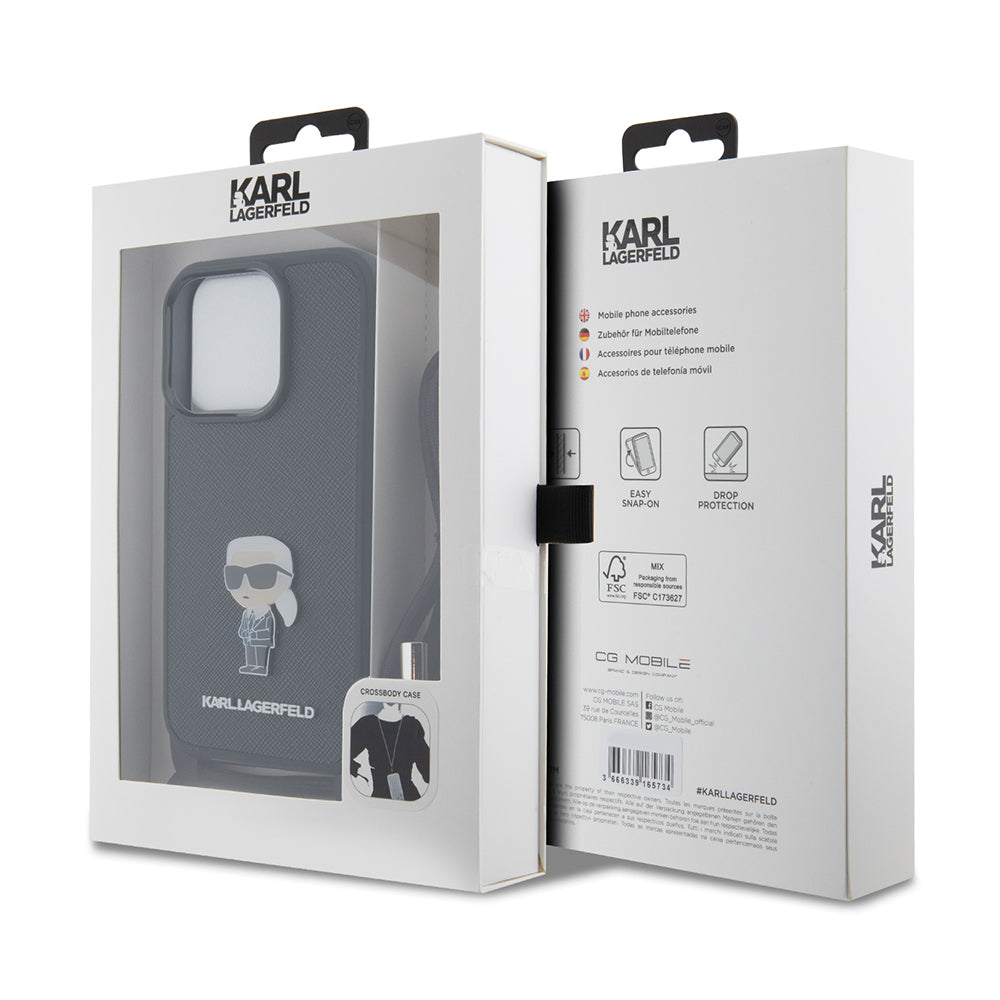 Hülle für Apple iPhone 15 Pro, Karl Lagerfeld, Saffiano Crossbody Monogram Metal Pin Karl, Schwarz