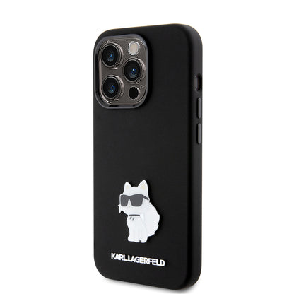 Hülle für Apple iPhone 15 Pro, Karl Lagerfeld, Silicone Choupette Metal, Schwarz