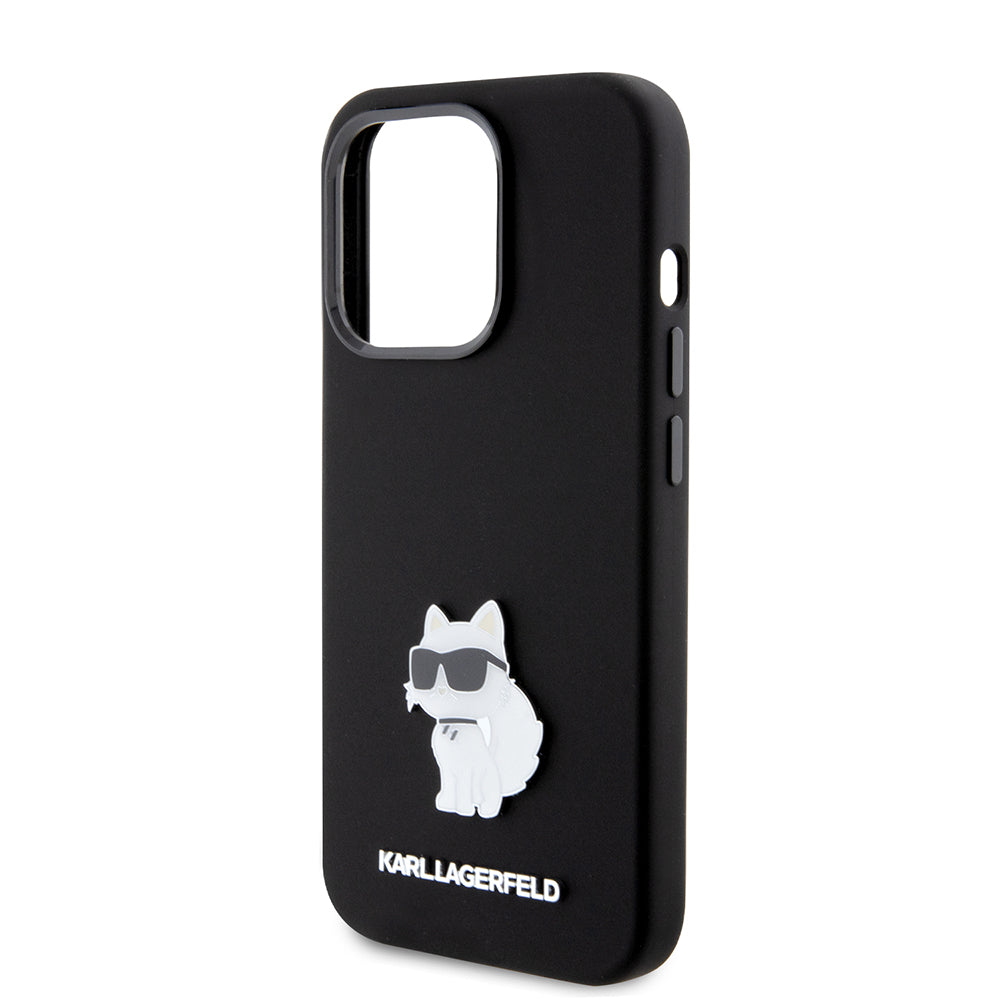 Hülle für Apple iPhone 15 Pro, Karl Lagerfeld, Silicone Choupette Metal, Schwarz