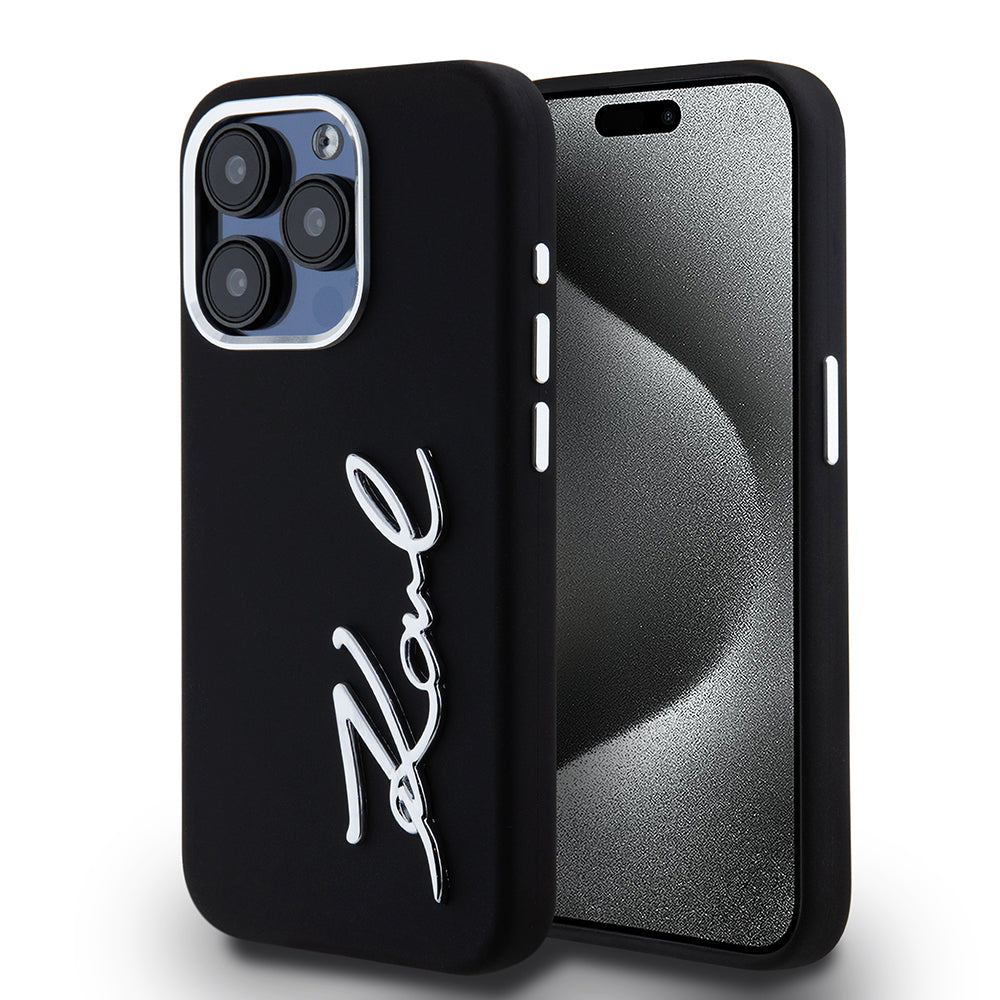 Hülle für Apple iPhone 15 Pro, Karl Lagerfeld, Silikon Metall Schriftzug Logo, Schwarz