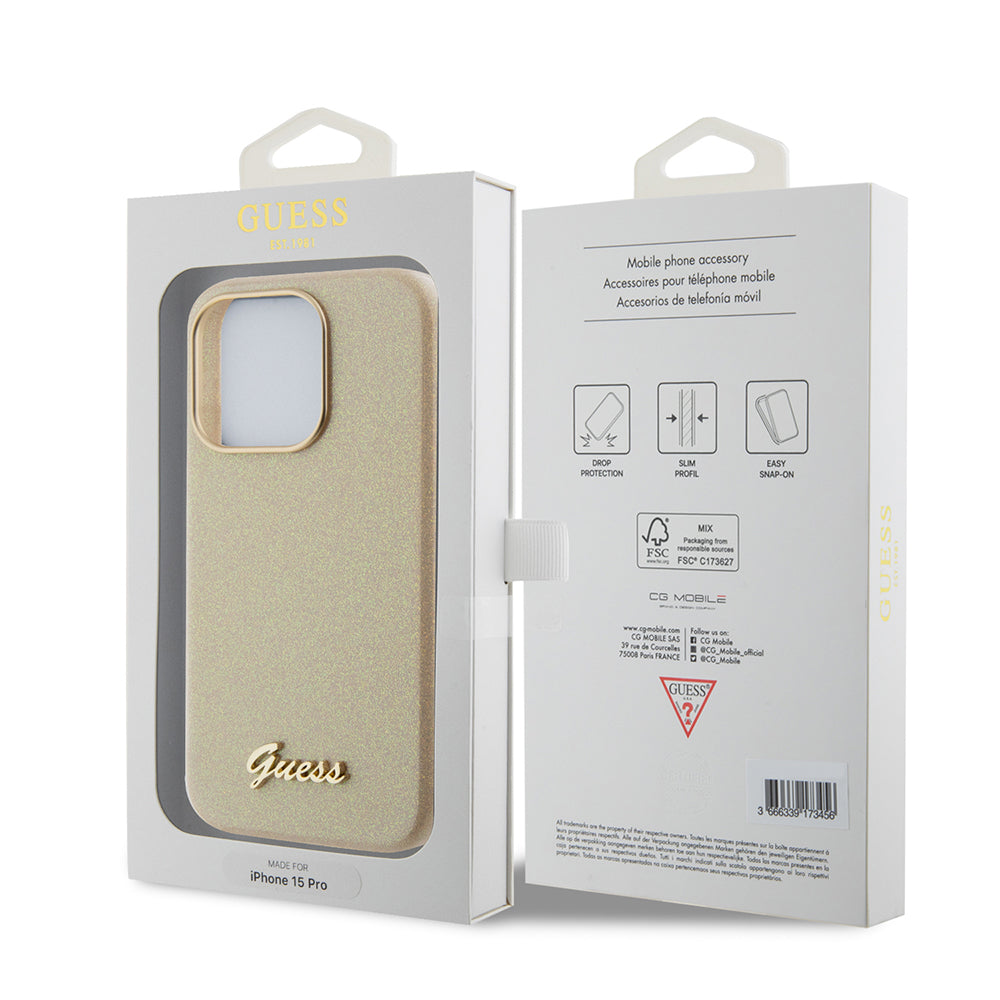 Étui pour Apple iPhone 15 Pro Max, Guess, Glitter Glossy Script, Beige