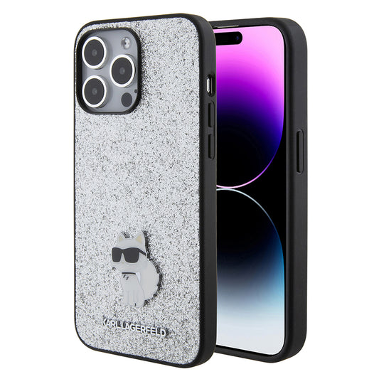 Housse pour Apple iPhone 15 Pro Max, Karl Lagerfeld, Glitter Fixed Choupette Logo, Argentée.
