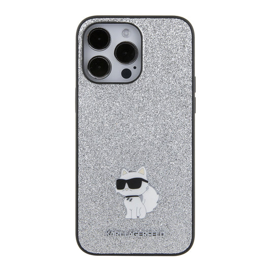 Housse pour Apple iPhone 15 Pro Max, Karl Lagerfeld, Glitter Fixed Choupette Logo, Argentée.