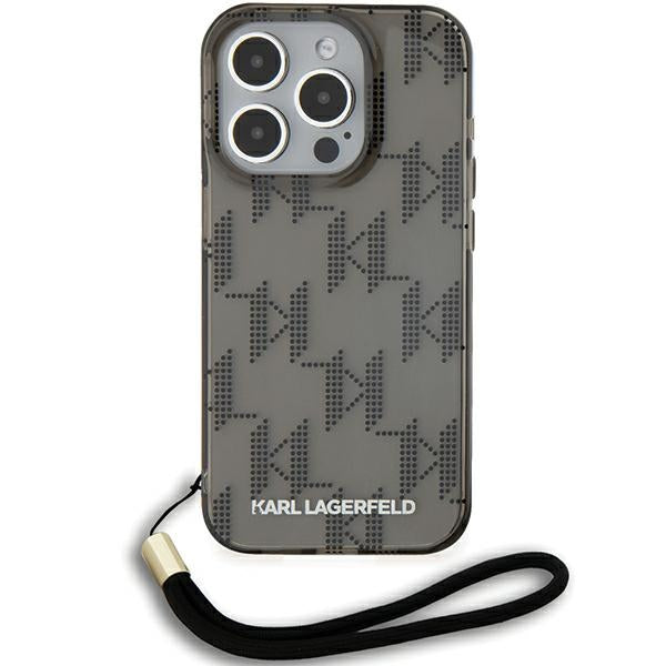 Hülle für Apple iPhone 15 Pro Max, Karl Lagerfeld, IML Luxury Monogram KL Muster mit Trageriemen, Schwarz