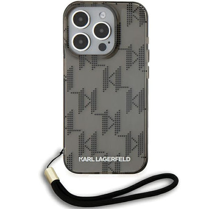 Hülle für Apple iPhone 15 Pro Max, Karl Lagerfeld, IML Luxury Monogram KL Muster mit Trageriemen, Schwarz