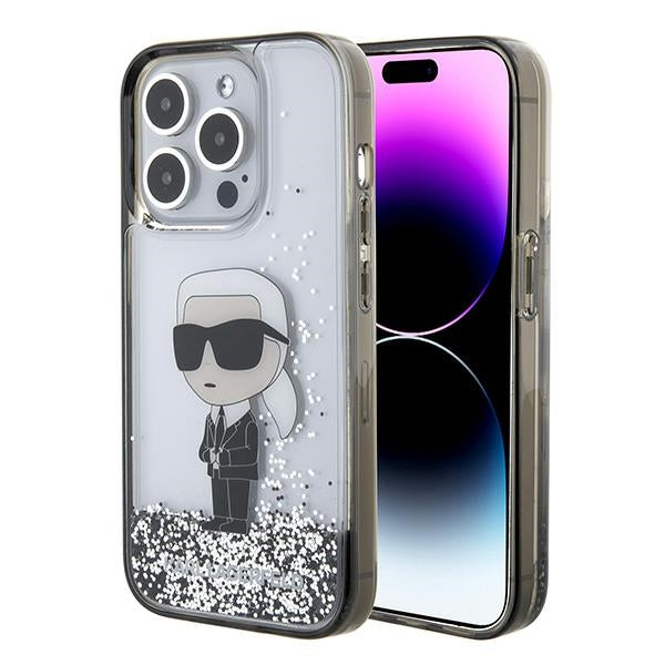 Hülle für Apple iPhone 15 Pro Max, Karl Lagerfeld, Liquid Glitter Ikonik Karl, Transparent