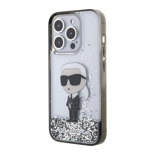 Hülle für Apple iPhone 15 Pro Max, Karl Lagerfeld, Liquid Glitter Ikonik Karl, Transparent