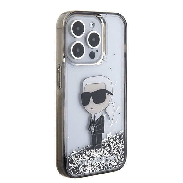 Hülle für Apple iPhone 15 Pro Max, Karl Lagerfeld, Liquid Glitter Ikonik Karl, Transparent