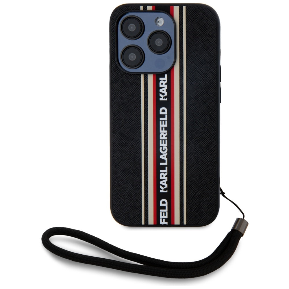 Étui pour Apple iPhone 15 Pro Max, Karl Lagerfeld, Saffiano Athleisure Stripes with Strap, Rosie