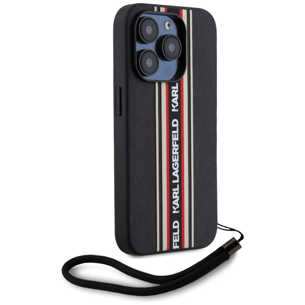Étui pour Apple iPhone 15 Pro Max, Karl Lagerfeld, Saffiano Athleisure Stripes with Strap, Rosie