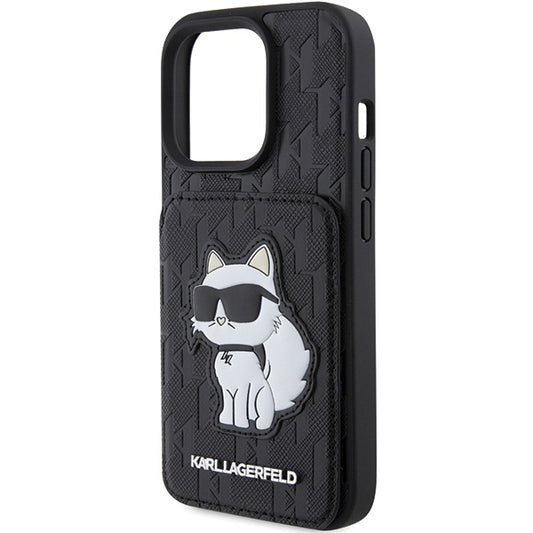 Étui pour Apple iPhone 15 Pro Max, Karl Lagerfeld, Saffiano Cardslots and Stand Monogram Choupette, Noir