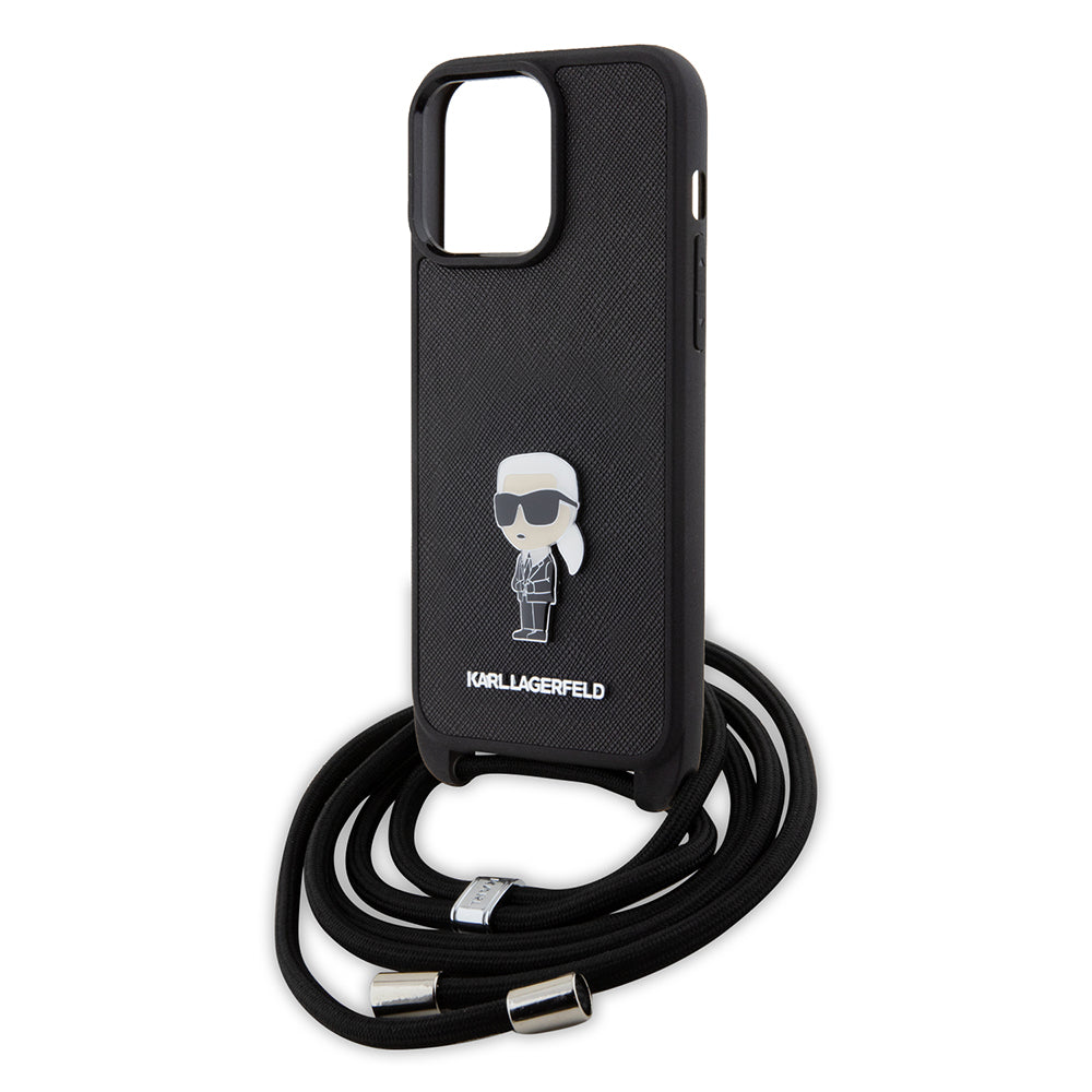 Étui pour Apple iPhone 15 Pro Max, Karl Lagerfeld, Saffiano Crossbody Monogram Metal Pin Karl, Noir