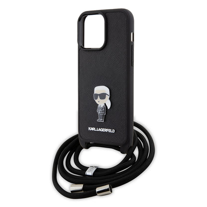 Étui pour Apple iPhone 15 Pro Max, Karl Lagerfeld, Saffiano Crossbody Monogram Metal Pin Karl, Noir