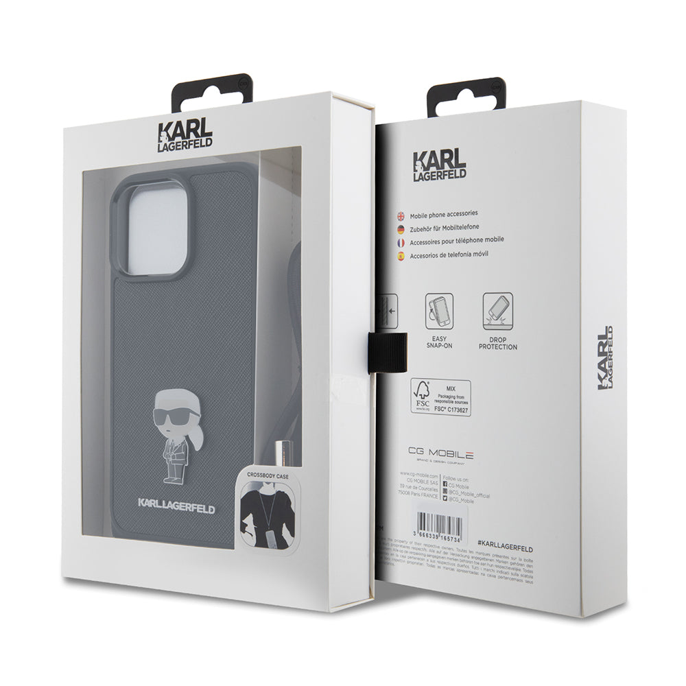 Étui pour Apple iPhone 15 Pro Max, Karl Lagerfeld, Saffiano Crossbody Monogram Metal Pin Karl, Noir