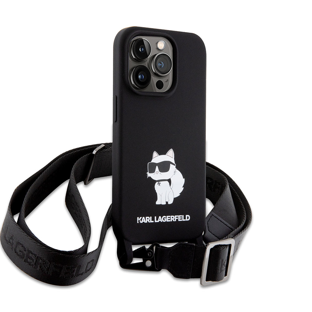 Étui pour Apple iPhone 15 Pro Max, Karl Lagerfeld, Silicone Crossbody Choupette, Noir
