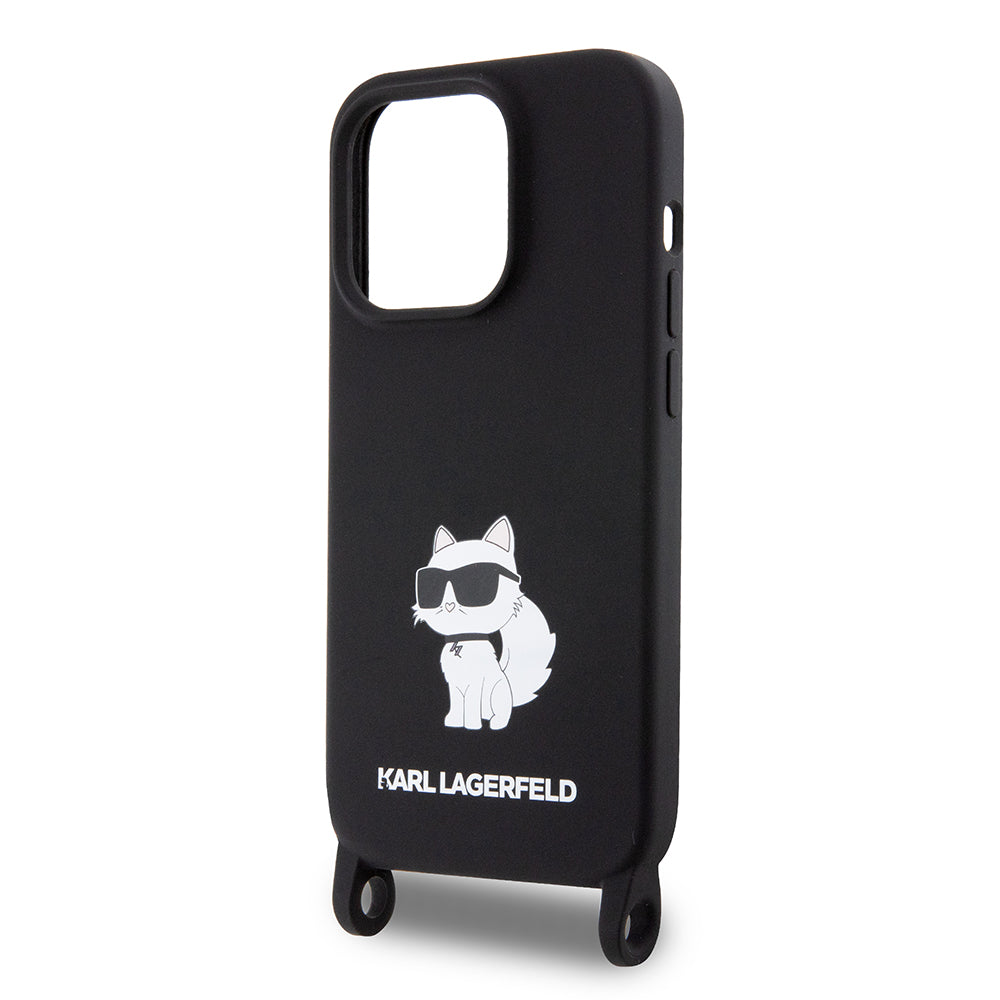 Étui pour Apple iPhone 15 Pro Max, Karl Lagerfeld, Silicone Crossbody Choupette, Noir