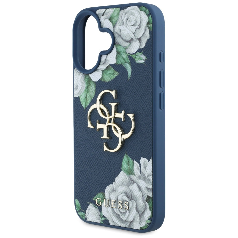 Hülle für Apple iPhone 16, Guess, 4G Grained Roses Big Logo, Blau