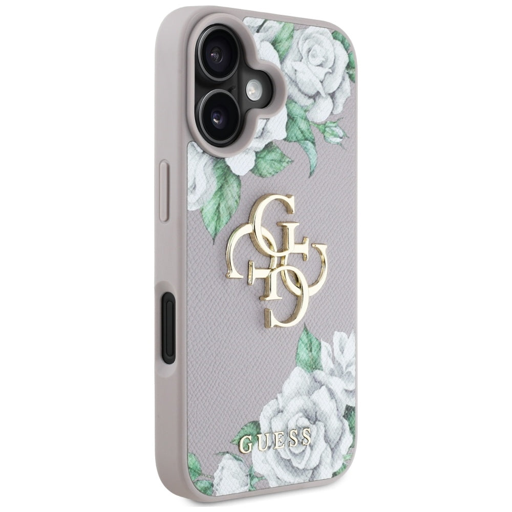 Hülle für Apple iPhone 16, Guess, 4G Grained Roses Big Logo, Lila