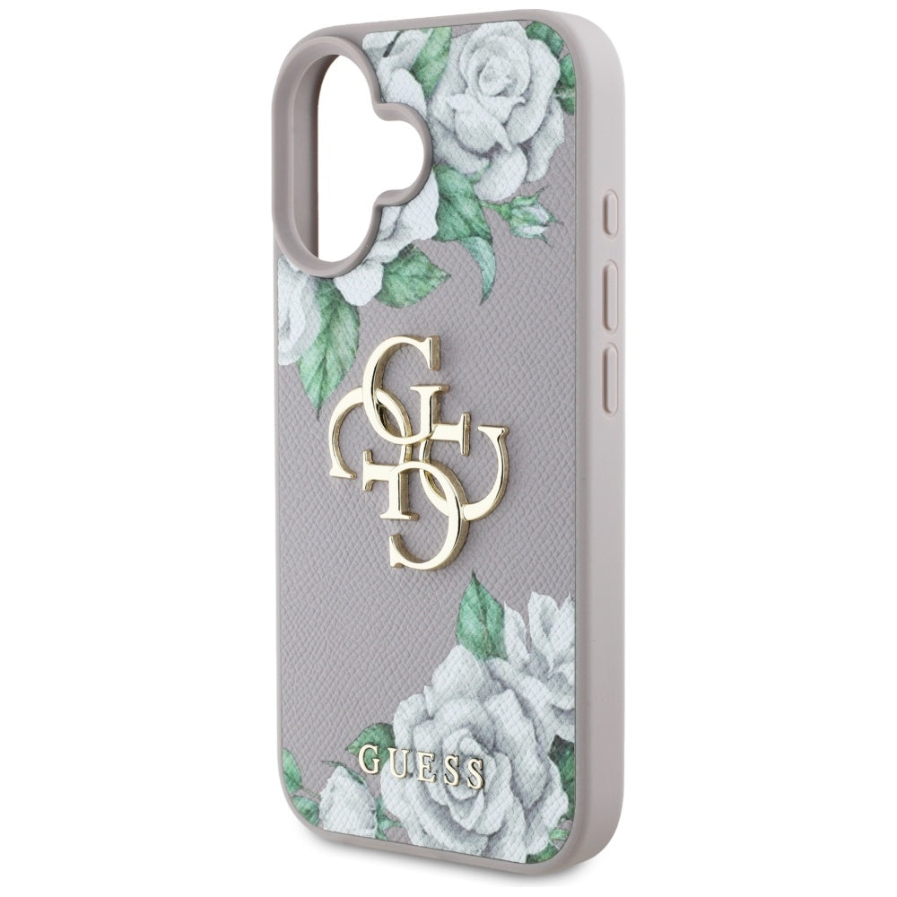 Hülle für Apple iPhone 16, Guess, 4G Grained Roses Big Logo, Lila