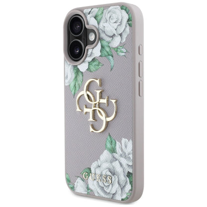 Hülle für Apple iPhone 16, Guess, 4G Grained Roses Big Logo, Lila