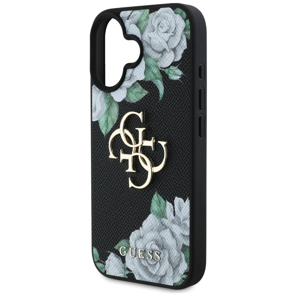 Hülle für Apple iPhone 16, Guess, 4G Grained Roses Big Logo, Schwarz
