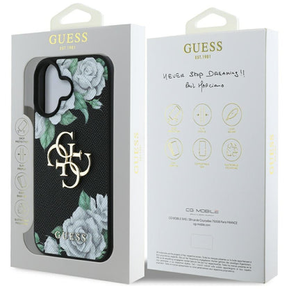 Hülle für Apple iPhone 16, Guess, 4G Grained Roses Big Logo, Schwarz