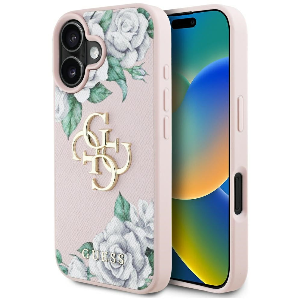 Étui pour Apple iPhone 16, Guess, 4G Grained Roses Big Logo, Rose